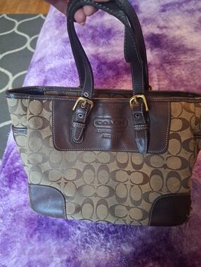 Coach Brown Signature Canvas Tote with Dark Brown Leather Trim
